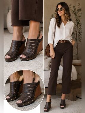 GEOX Respira chocolate brown strappy studded platform wedges Sz 38.5